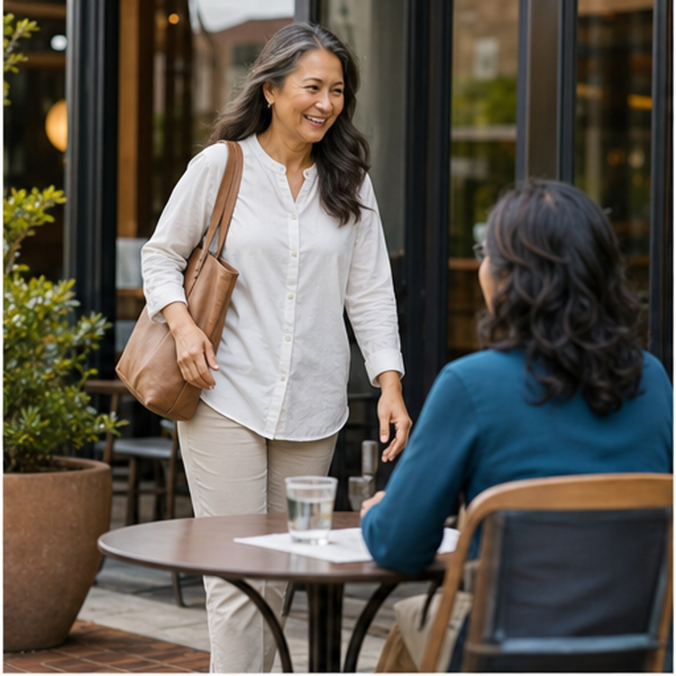 A woman arriving to meet a friend at a café.