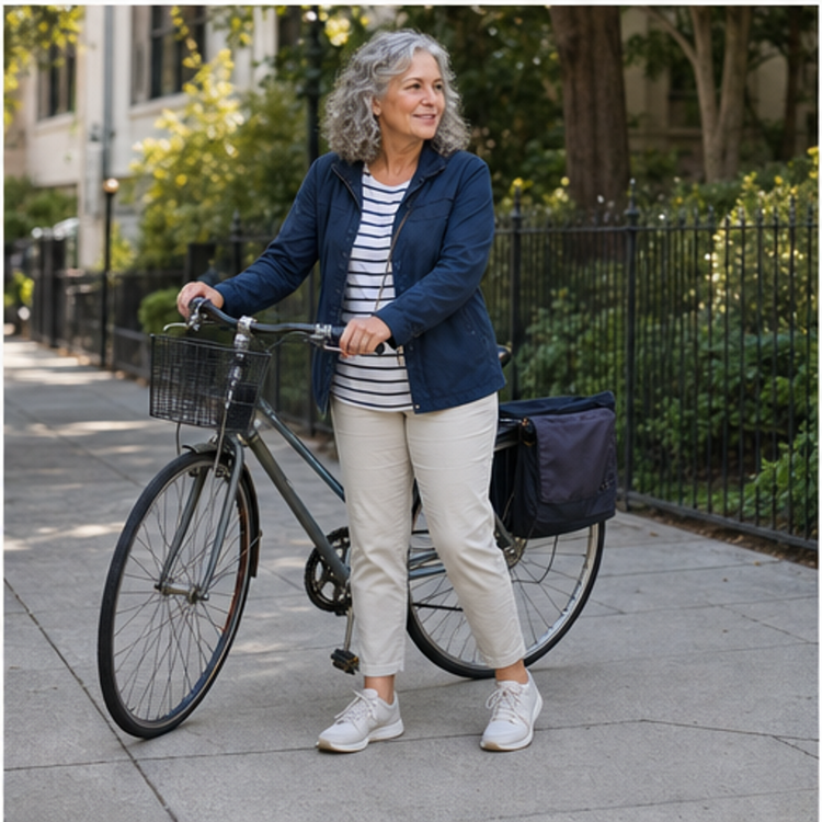 A woman standing with a bicycle on a neighborhood sidewalk