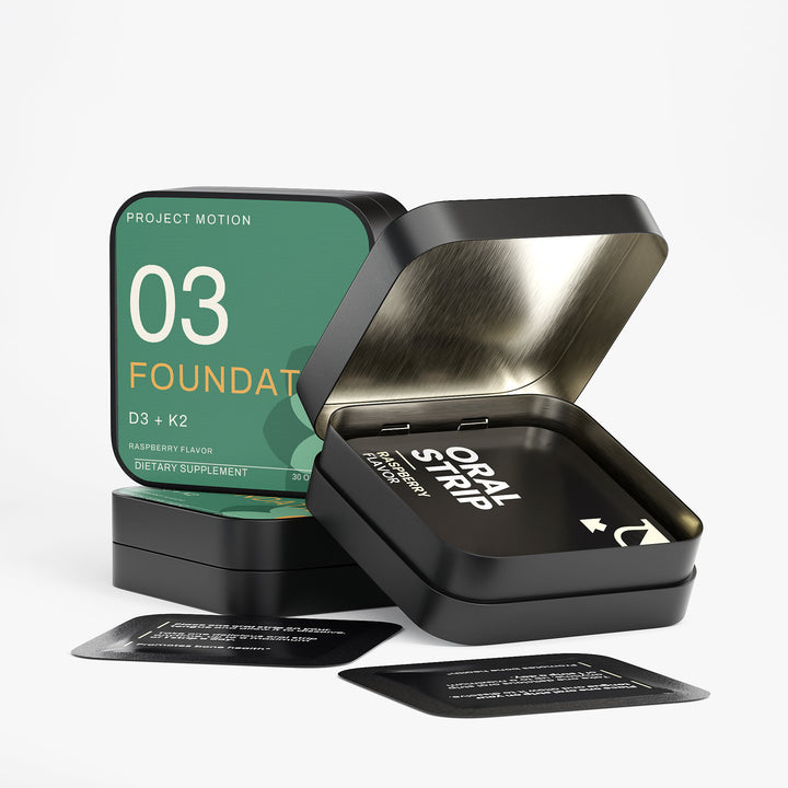 03 FOUNDATION — Vitamin D3 + K2 Oral Strips packaging with product contents